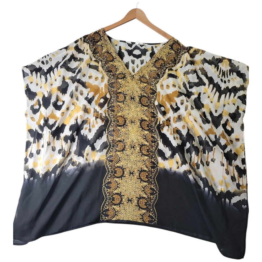 Sheer Animal Print Kaftan Top One Size Gold Black Tie Dye Poncho Blouse